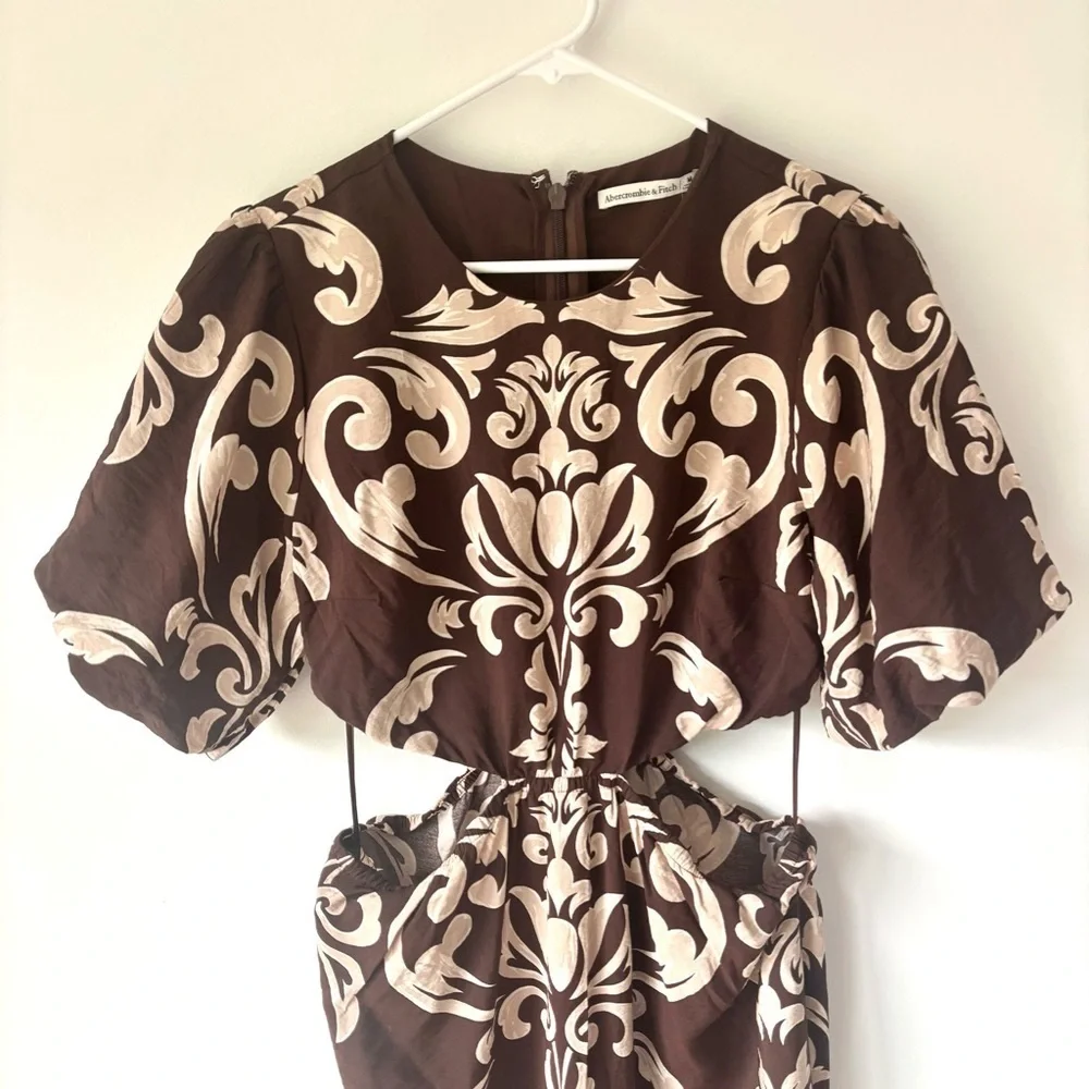 Abercrombie & Fitch Short Puff Sleeve Cutout Maxi Dress Brown Tan Floral Pattern